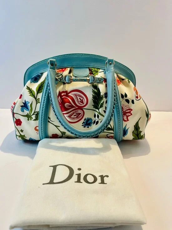 Authentic Christian Dior Floral Canvas Boston Bag Blue Leather Trim w/ Dust Bag - Picture 2 of 15